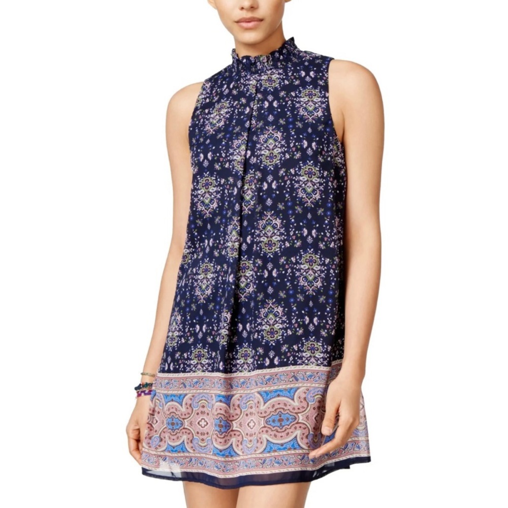 Speechless Mock Neck Blue Floral Sleeveless Shift Dress | Size Medium